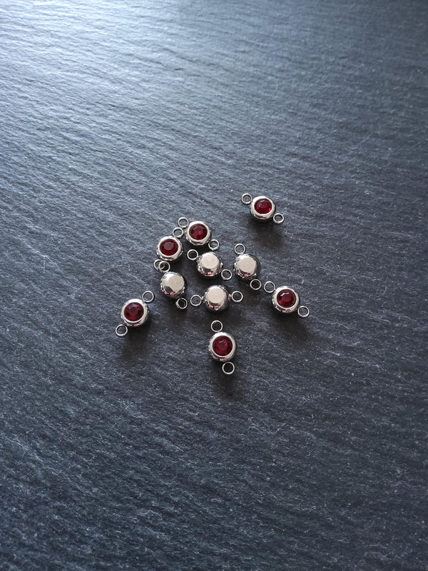 2 or 10 Round Stainless Steel Connector Charms with Deep Ruby Red Rhinestone 12x6.5x4mm - ContentedCatz
