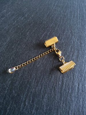 2 or 10 Gold Stainless Steel Crimp End Sets for 15mm Ribbon with Extender Chain - ContentedCatz