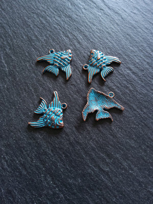 12 or 60 Antique Copper Fish Charms with Blue Patina 21x19mmv