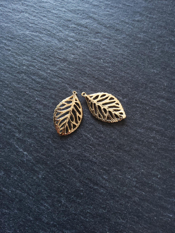 Real 18K Gold Plated Brass Leaf Charms 23x13mm