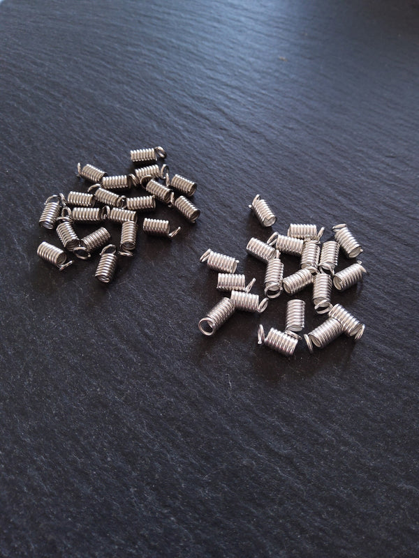 100 Coil Crimp End Spring Crimps for 2mm Cord Bright Silver or Silver Tone 9x4mm