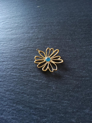 Real 14K Gold Plated Stainless Steel Flower Charm with Blue Diamante Centre 28x26mm