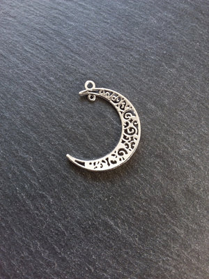 6 or 30 Crescent Moon Connector Pendants Pierced Design Antique Silver Tone 41x36mm