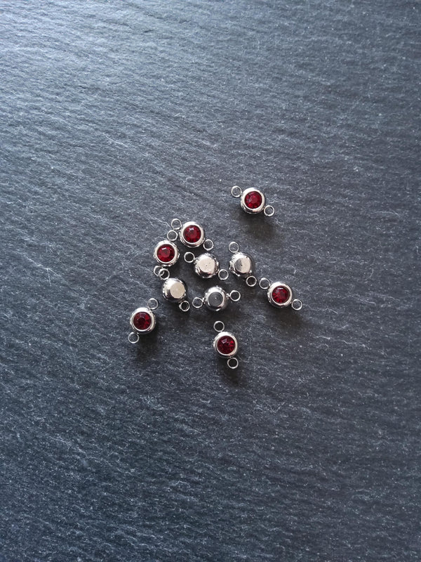 2 or 10 Round Stainless Steel Connector Charms with Deep Ruby Red Rhinestone 12x6.5x4mm - ContentedCatz
