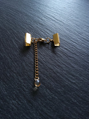 2 or 10 Gold Stainless Steel Crimp End Sets for 15mm Ribbon with Extender Chain - ContentedCatz