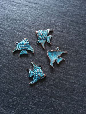 12 or 60 Antique Copper Fish Charms with Blue Patina 21x19mmv