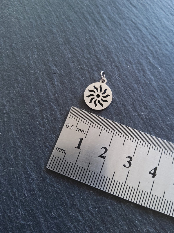 2 or 10 Stainless Steel Sun Charms Pierced Flat Round 14x12mm