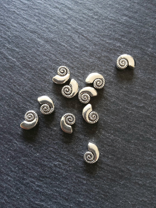 10 or 50 Sea Shell Snail Ammonite Beads 8mm Antique Silver Tone 11x8x4mm