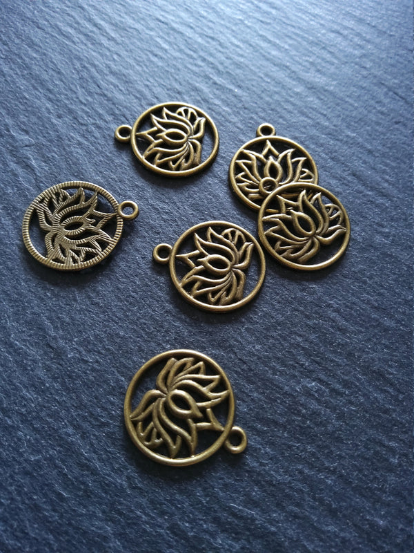 8 or 40 Round Lotus Flower Charms Antique Bronze Tone 22x19mm