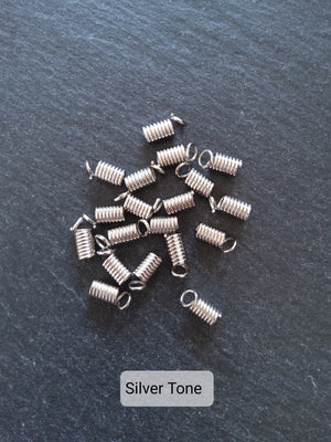 100 Coil Crimp End Spring Crimps for 2mm Cord Bright Silver or Silver Tone 9x4mm