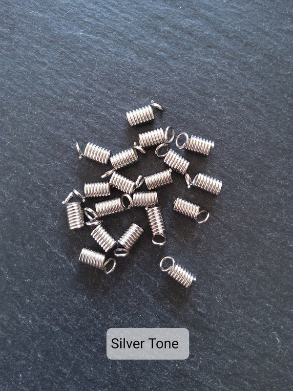 100 Coil Crimp End Spring Crimps for 2mm Cord Bright Silver or Silver Tone 9x4mm