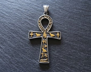 Large Stainless Steel Ancient Egyptian Style Ankh Pendant with Hyroglyphics 58x35mm