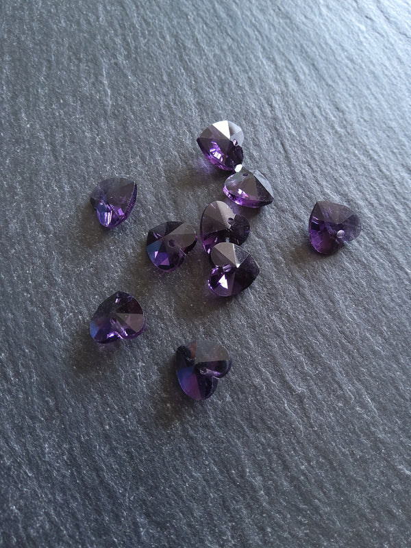 10 or 50 Clear Dark Purple Faceted Glass Heart Charms 10x10x5mm