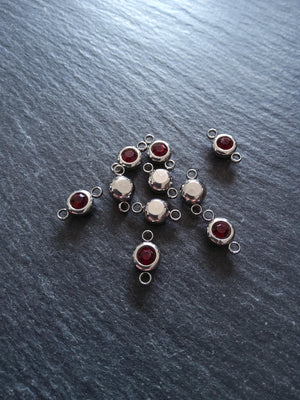 2 or 10 Round Stainless Steel Connector Charms with Deep Ruby Red Rhinestone 12x6.5x4mm - ContentedCatz