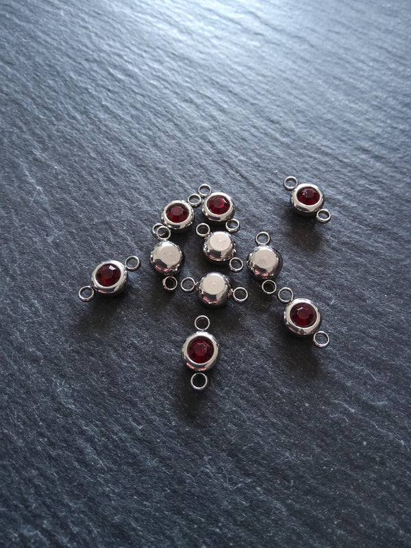 2 or 10 Round Stainless Steel Connector Charms with Deep Ruby Red Rhinestone 12x6.5x4mm - ContentedCatz
