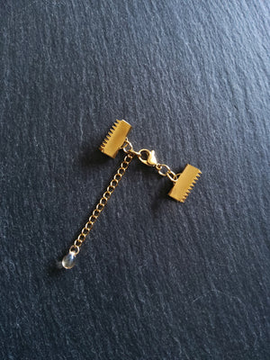 2 or 10 Gold Stainless Steel Crimp End Sets for 15mm Ribbon with Extender Chain - ContentedCatz