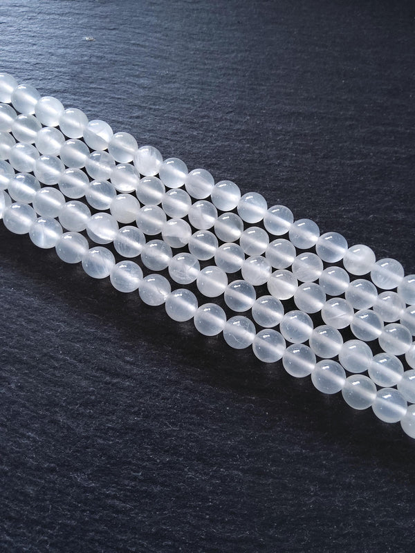 8.3mm Natural Selenite Undyed Round Polished Beads. Full 15.7 inch Strand Hole: 1mm