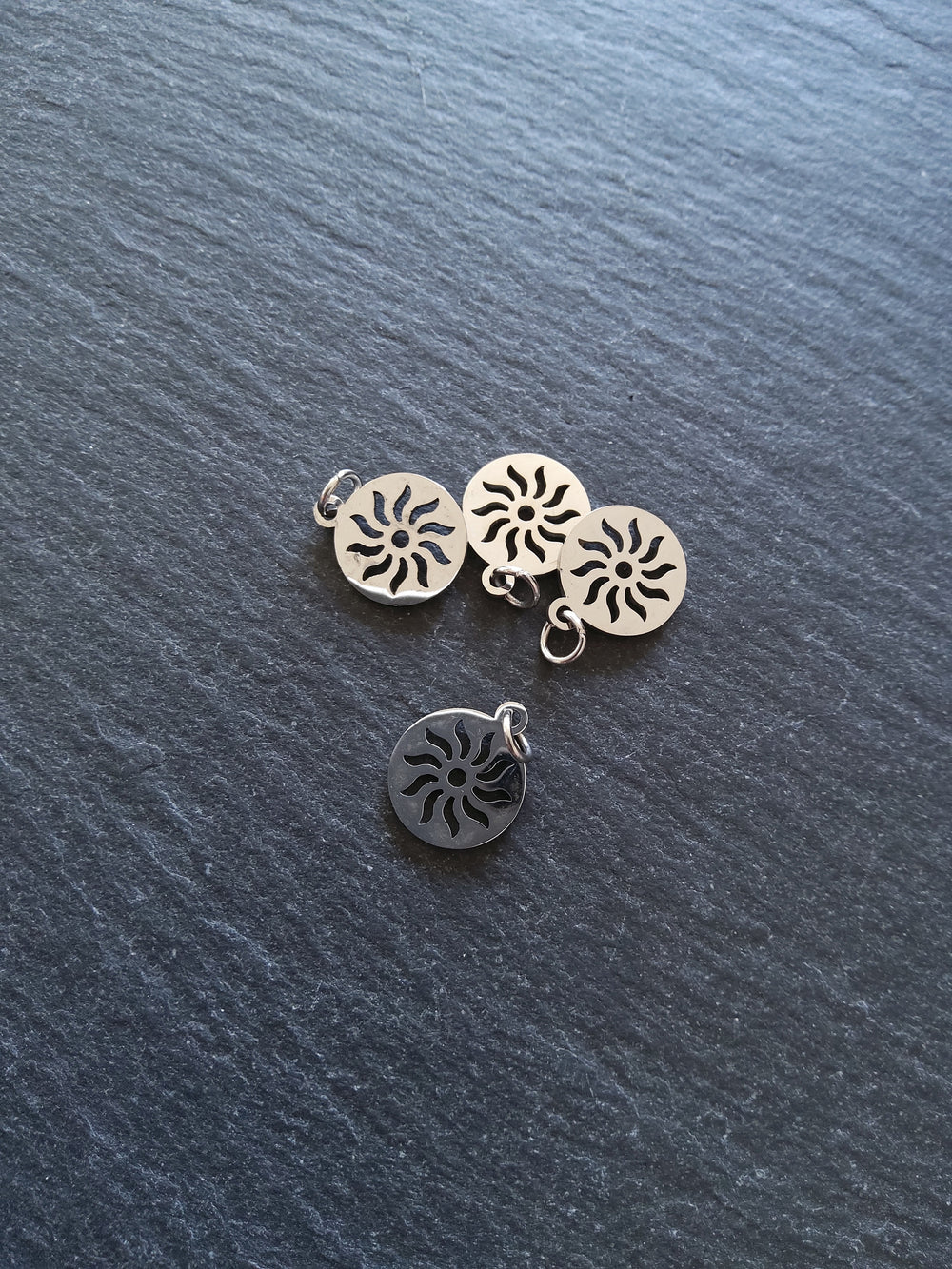 2 or 10 Stainless Steel Sun Charms Pierced Flat Round 14x12mm