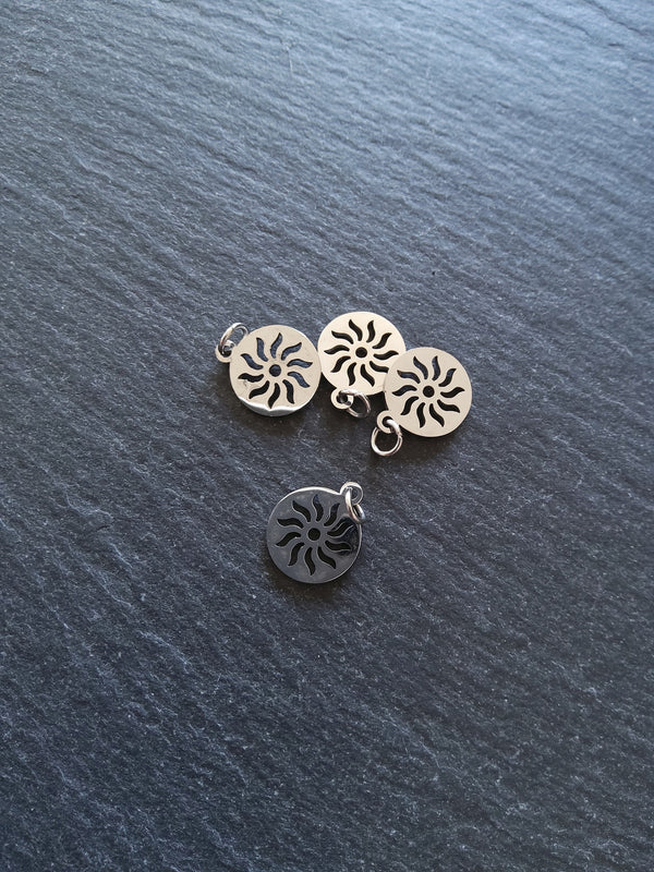 2 or 10 Stainless Steel Sun Charms Pierced Flat Round 14x12mm
