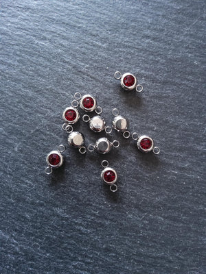 2 or 10 Round Stainless Steel Connector Charms with Deep Ruby Red Rhinestone 12x6.5x4mm - ContentedCatz
