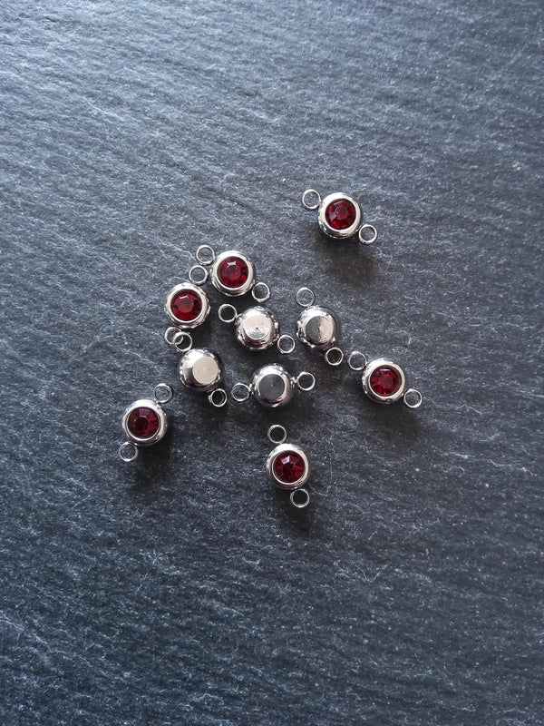2 or 10 Round Stainless Steel Connector Charms with Deep Ruby Red Rhinestone 12x6.5x4mm - ContentedCatz