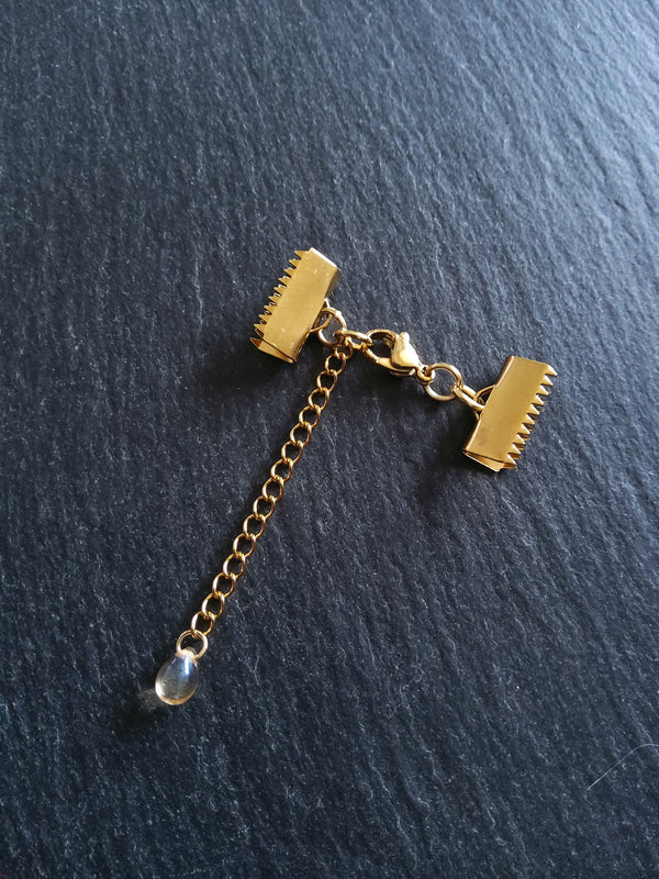 2 or 10 Gold Stainless Steel Crimp End Sets for 15mm Ribbon with Extender Chain - ContentedCatz