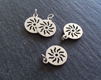 2 or 10 Stainless Steel Sun Charms Pierced Flat Round 14x12mm