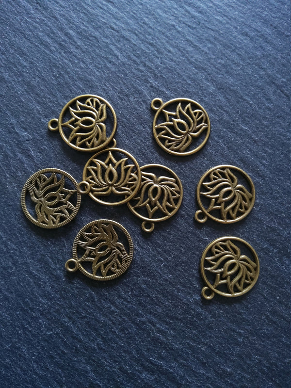 8 or 40 Round Lotus Flower Charms Antique Bronze Tone 22x19mm