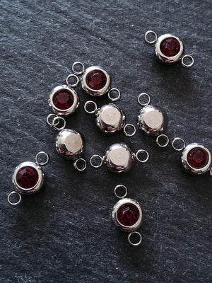 2 or 10 Round Stainless Steel Connector Charms with Deep Ruby Red Rhinestone 12x6.5x4mm - ContentedCatz