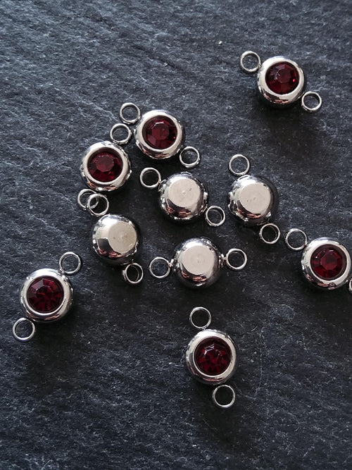 2 or 10 Round Stainless Steel Connector Charms with Deep Ruby Red Rhinestone 12x6.5x4mm - ContentedCatz