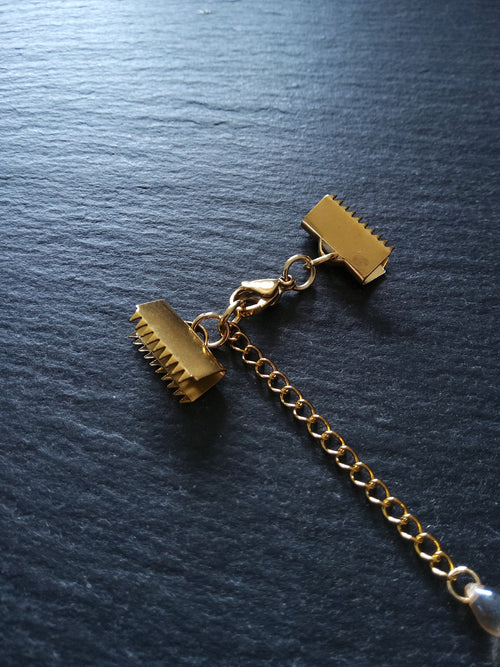 2 or 10 Gold Stainless Steel Crimp End Sets for 15mm Ribbon with Extender Chain - ContentedCatz