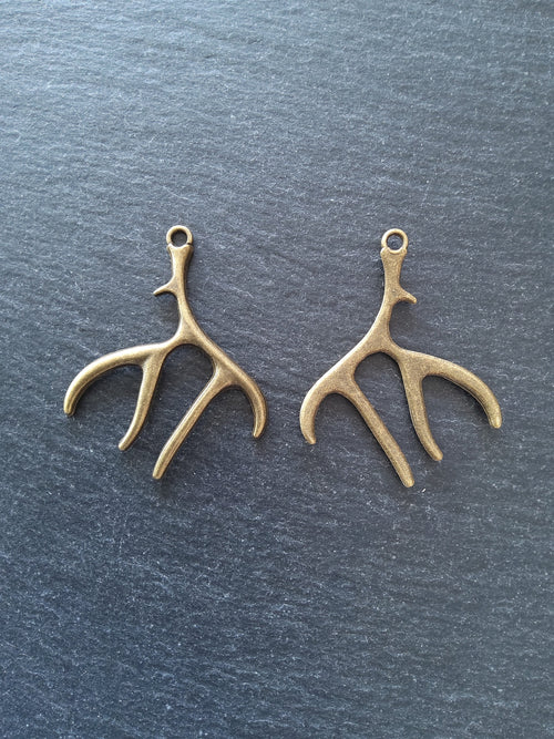 2 or 10 Large Antler Charms Antique Bronze Tone 52x45m