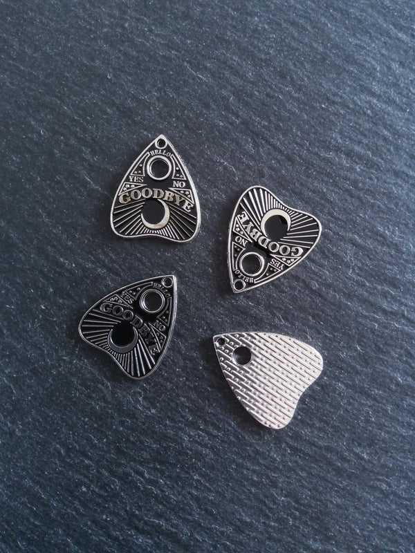 4 or 20 Silver Tone Ouija Goodbye Planchette Charms with Black Enamel 26x22mm