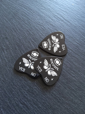 2 or 10 Large Black Acrylic Ouija Planchette Charms with Moth in White 42x40mm