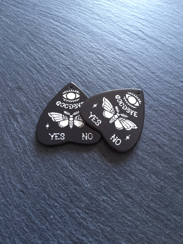 2 or 10 Large Black Acrylic Ouija Planchette Charms with Moth in White 42x40mm