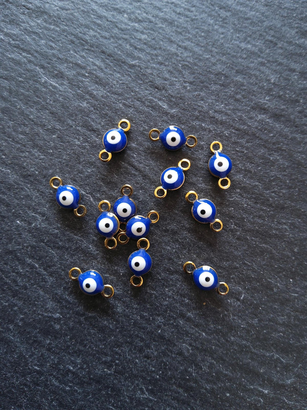 4 or 20 Double Sided Evil Eye Connector Charms Gold Plated Stainless Steel with Blue & White Enamel 9x4.5x2.7mm
