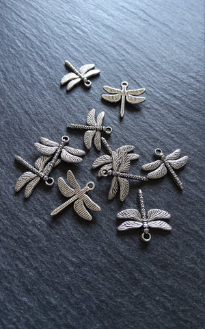 10 or 50 Dragonfly Charms Antique Silver Tone Alloy 18x18mm