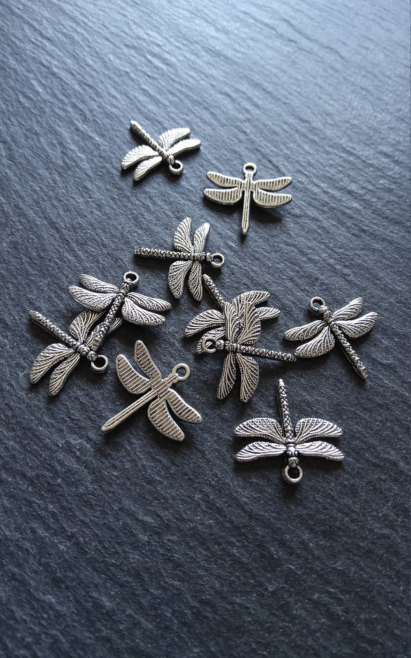 10 or 50 Dragonfly Charms Antique Silver Tone Alloy 18x18mm