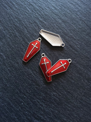 4 or 20 Coffin Shaped Silver Tone Cross Pendant with Red Enamel 26x12mm