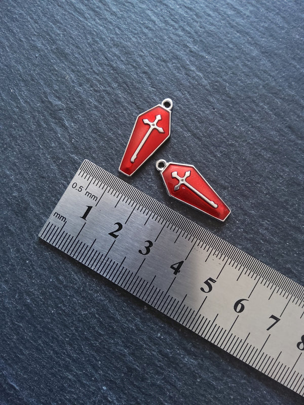 4 or 20 Coffin Shaped Silver Tone Cross Pendant with Red Enamel 26x12mm