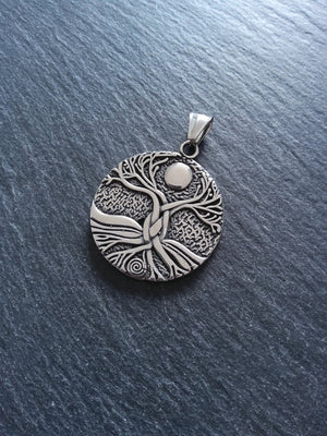 Round Gaia Tree of Life Pendant Stainless Steel Double Sided 42x37x3mm