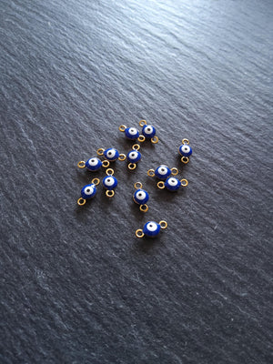 4 or 20 Double Sided Evil Eye Connector Charms Gold Plated Stainless Steel with Blue & White Enamel 9x4.5x2.7mm