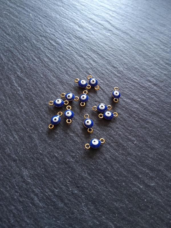 4 or 20 Double Sided Evil Eye Connector Charms Gold Plated Stainless Steel with Blue & White Enamel 9x4.5x2.7mm