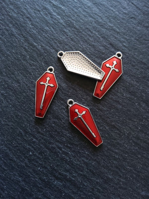 4 or 20 Coffin Shaped Silver Tone Cross Pendant with Red Enamel 26x12mm