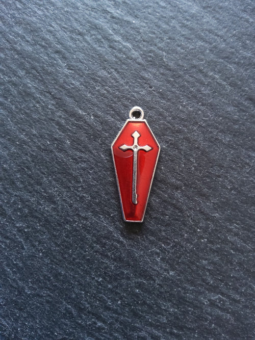 4 or 20 Coffin Shaped Silver Tone Cross Pendant with Red Enamel 26x12mm