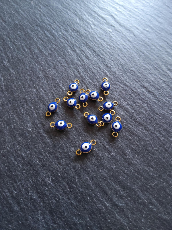 4 or 20 Double Sided Evil Eye Connector Charms Gold Plated Stainless Steel with Blue & White Enamel 9x4.5x2.7mm
