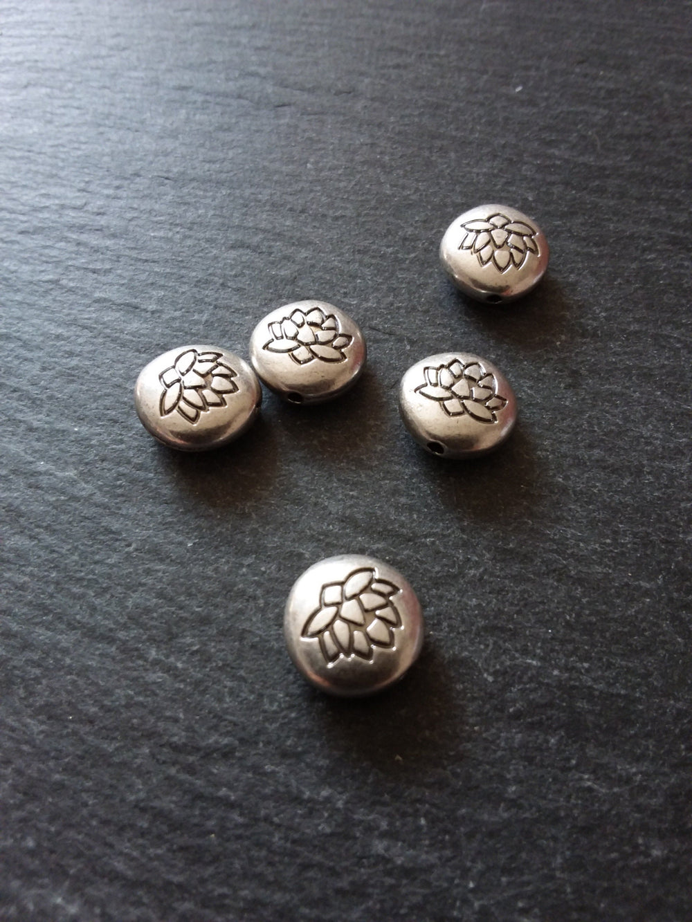 2 or 10 Lotus Beads 14mm Real Antiqued Sterling Silver Plated Flat Round 14x6.5mm Nickel FREE