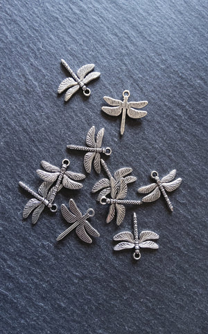 10 or 50 Dragonfly Charms Antique Silver Tone Alloy 18x18mm