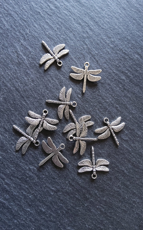 10 or 50 Dragonfly Charms Antique Silver Tone Alloy 18x18mm