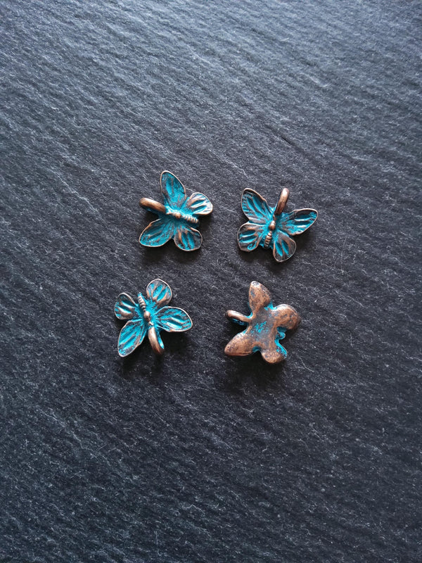 4 or 20 Butterfly Charms Antique Copper Tone Alloy with Blue Patina 15x13.5mm